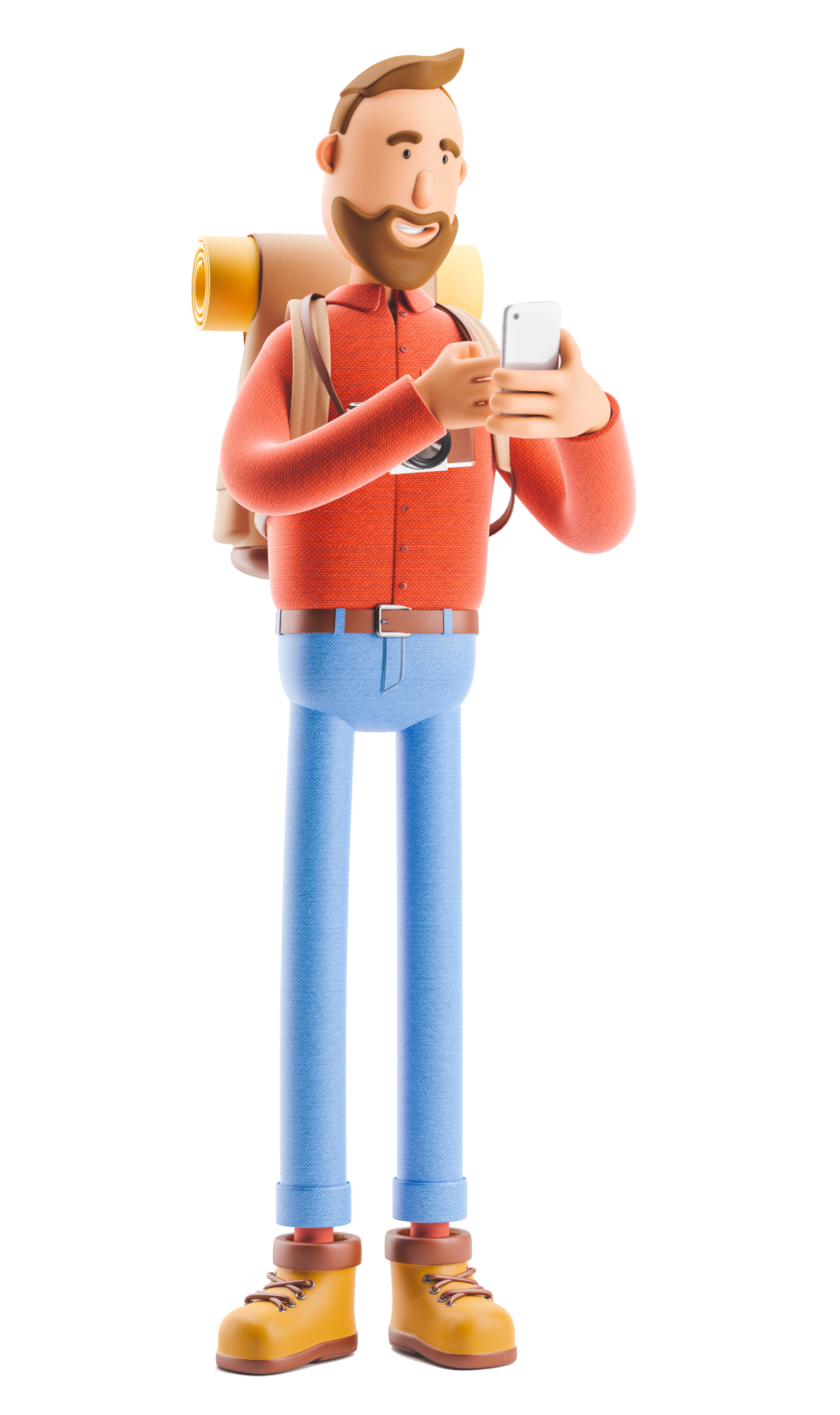 Personnage masculin en habit de voyageur, regardant son téléphone et souriant